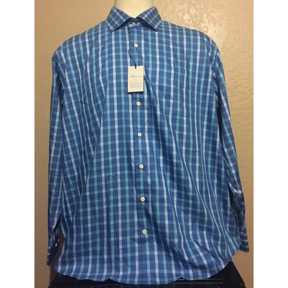 NEW Peter Millar Crown Soft Men's Sz 2XL Cotton Silk Blue Tattersall Check Shirt